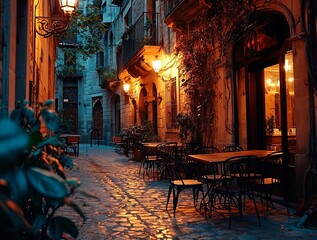 cozy medieval european tourist street with a cafe on the street, evening lighting, dusk