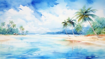 Tropical beach paradise with a clear turquoise sea, white sandy beach, and lush palm trees, vibrant watercolor