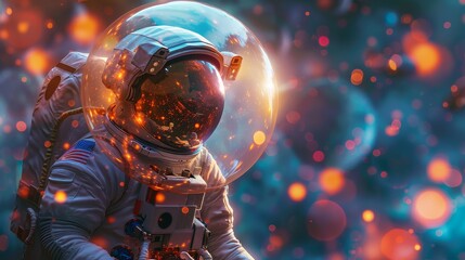 An astronaut, inside a psychedelic bubble, with cosmic colors floating around
