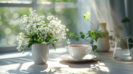 Clean and simple tabletop arrangement with a cup of tea and fresh flowers, creating a serene atmosphere.