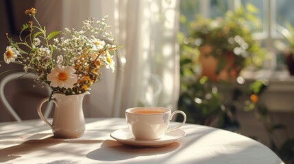 Clean and simple tabletop arrangement with a cup of tea and fresh flowers, creating a serene atmosphere.