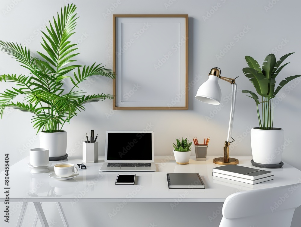 Poster minimalist office desk setup with a sleek lamp, notebook, and smartphone on a clean surface.