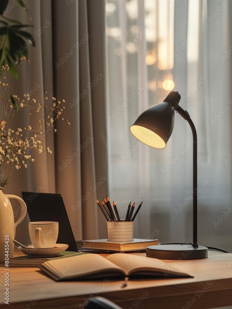 Poster minimalist office setup featuring a sleek desk lamp and notebook, perfect for showcasing workspace e