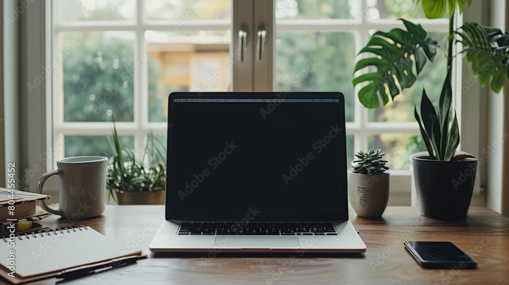 Poster minimalist workspace with a laptop and notepad on a sleek desk, ideal for showcasing productivity to