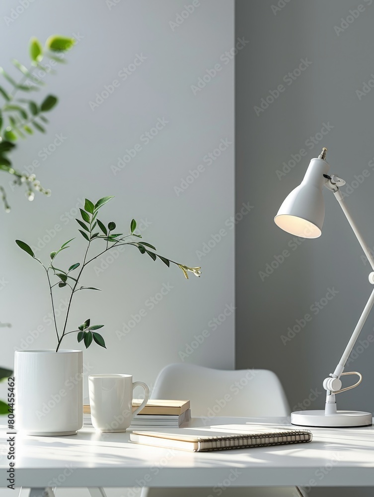 Poster minimalist office setup featuring a sleek desk lamp and notebook, perfect for showcasing workspace e