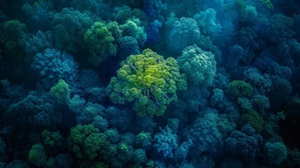 glowing neon tree amidst a dense forest of vibrant green and electric blue