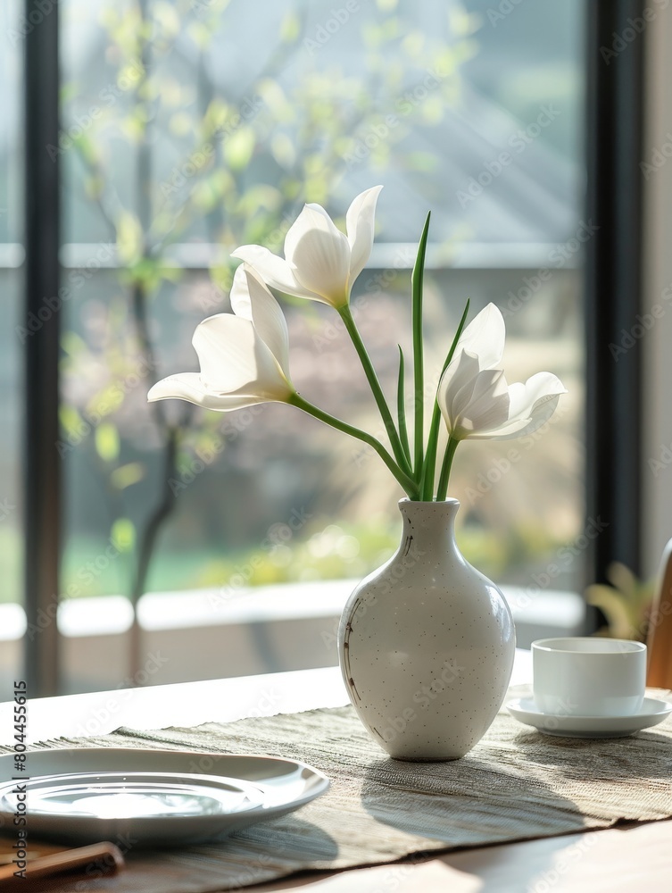 Poster simple and elegant tabletop arrangement with a single flower in a vase, adding a touch of nature.