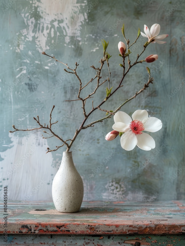Poster simple and elegant tabletop arrangement with a single flower in a vase, adding a touch of nature.