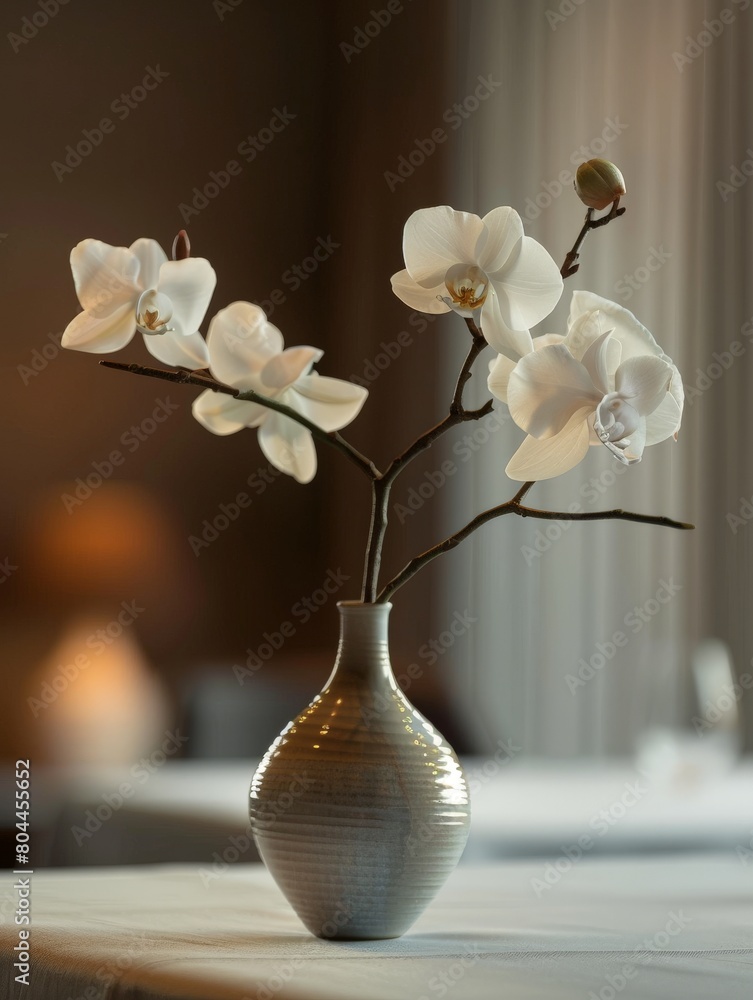 Poster simple and elegant tabletop arrangement with a single flower in a vase, adding a touch of nature.