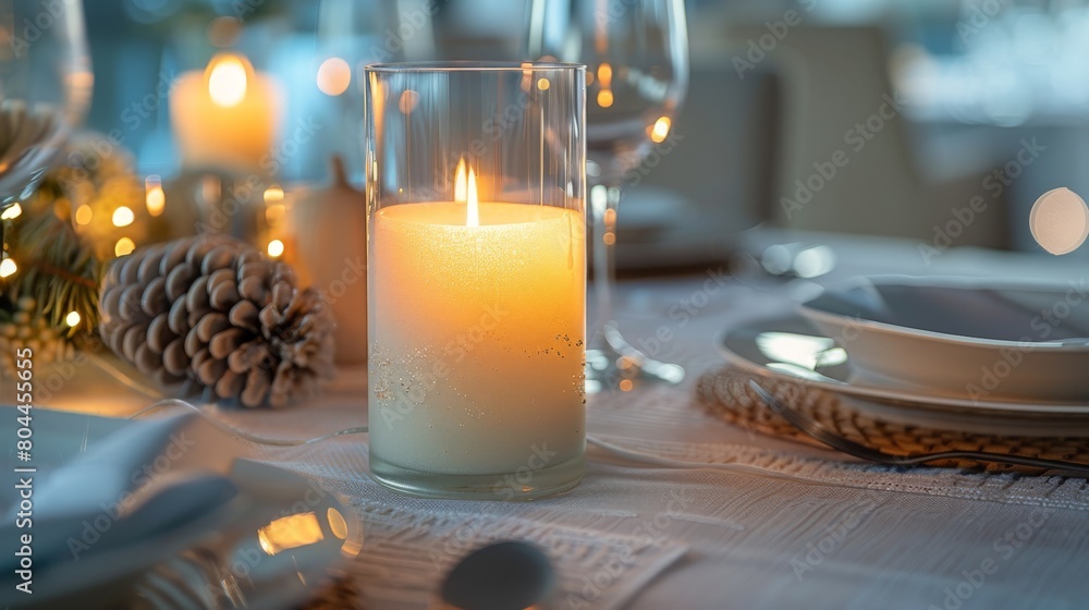 Poster simple and elegant tabletop setup featuring a candle and decorative object, adding a touch of sophis