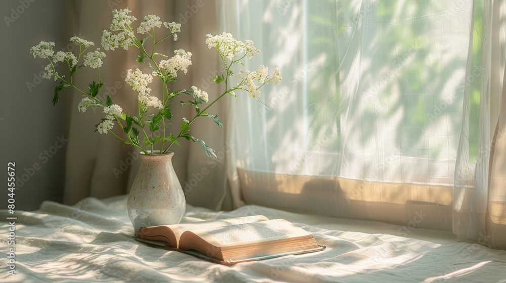 Poster simple and elegant tabletop setup featuring a vase of flowers and open book, evoking a sense of tran