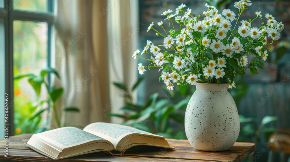 Poster simple and elegant tabletop setup featuring a vase of flowers and open book, evoking a sense of tran