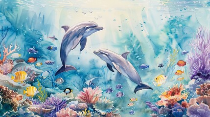Tranquil watercolor of dolphins gliding through a deep sea adventure, surrounded by a variety of colorful fish and marine life