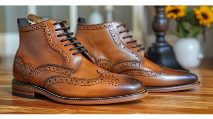 Close-up shot of a businessman&#039;s leather shoes as he confidently strides forward, symbolizing ambition and success