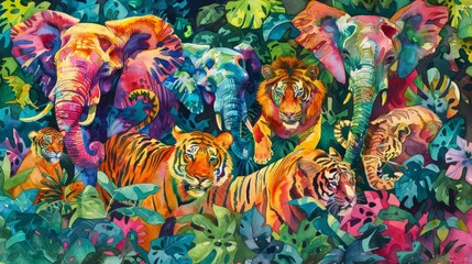 Vibrant watercolor depicting a jungle parade of animals, including elephants, tigers, and monkeys, each painted in lively, playful hues