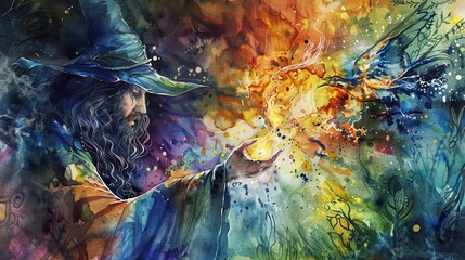 Vibrant watercolor depicting a wizard conjuring magical elements from nature, with vivid colors highlighting the power and beauty of magic