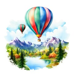 Obraz premium Hot air balloon adventure over a scenic landscape, colorful balloons floating high in the sky, bright and vivid watercolor, isolated on white background