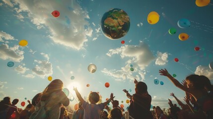 A group of people holding onto colorful balloons as they float in the sky.