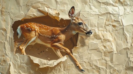 An exhilarating image of a deer breaking through a hole in a paper background - obrazy, fototapety, plakaty