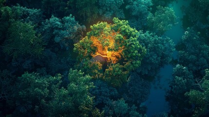 neon tree amidst a dense forest of emerald green and neon orange