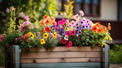 Beautiful different color flowers in pots on wooden pallet