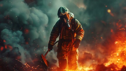 Fototapeta premium Firefighter fighting to put off fire flames in big city