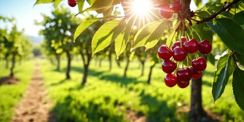 A view of a cherry orchard with juicy fresh ripe cherries on the trees. Fruit cherry orchard, farming and entrepreneurship, harvest, banner.