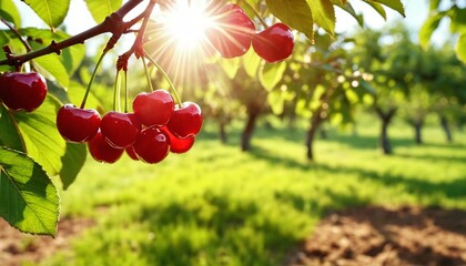 A view of a cherry orchard with juicy fresh ripe cherries on the trees. Fruit cherry orchard, farming and entrepreneurship, harvest, banner. - Powered by Adobe