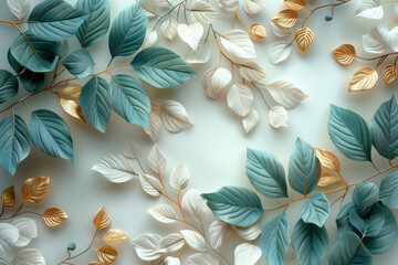  A light white silk background with eucalyptus leaves on the edges, creating an elegant and soft atmosphere. Created with Ai
