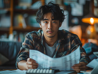Business financial concept, owe asian young man, male sitting on couch stressed hand calculate expense on table at home from invoice or bill have no money to pay mortgage or loan, debt bankruptcy