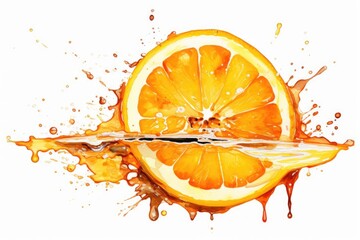 Artistic rendering of a cross section of an orange, zesty and dripping with juice, using vivid watercolor, isolated on white background