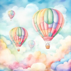 Fototapeta premium Colorful hot air balloons with intricate floating serenely across a soft pastel sky, fluffy clouds around, watercolor style on a white background, vibrant