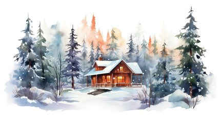 Cozy cabin retreat nestled in a snowy landscape, smoke rising from the chimney, surrounded by pine trees covered in snow, soft watercolor hues, isolated on white background