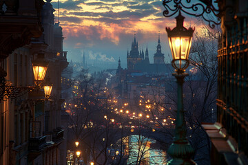 Evening Glow Over the City An enchanting view of a city bathed in the soft glow of twilight where...