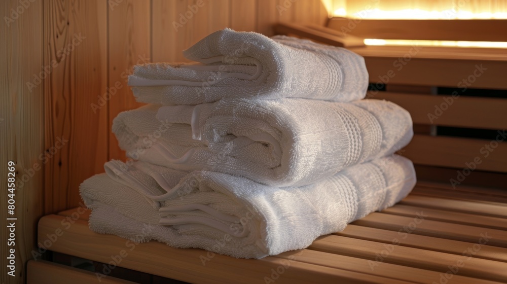 Poster a stack of sauna towels neatly folded and ready for patients to use after their session..
