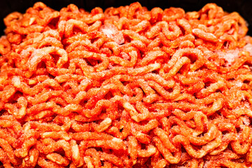 fresh minced meat in packaging, close-up shot