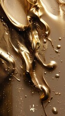 Abstract luxury golden liquid formation with intricate swirls and droplets, creating a mesmerizing and luminous background.