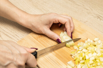 housewife cutting onions on a wooden board