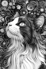Illustration of a cat with a black and white swirl pattern.