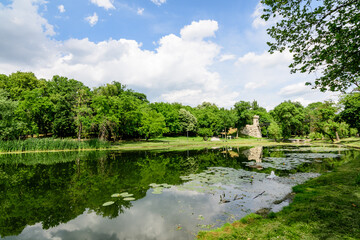 Vivid landscape in Nicolae Romaescu park from Craiova in Dolj county, Romania, with lake,...