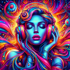 Digital art vibrant colorful psychedelic beautiful woman with headphones vibin to music