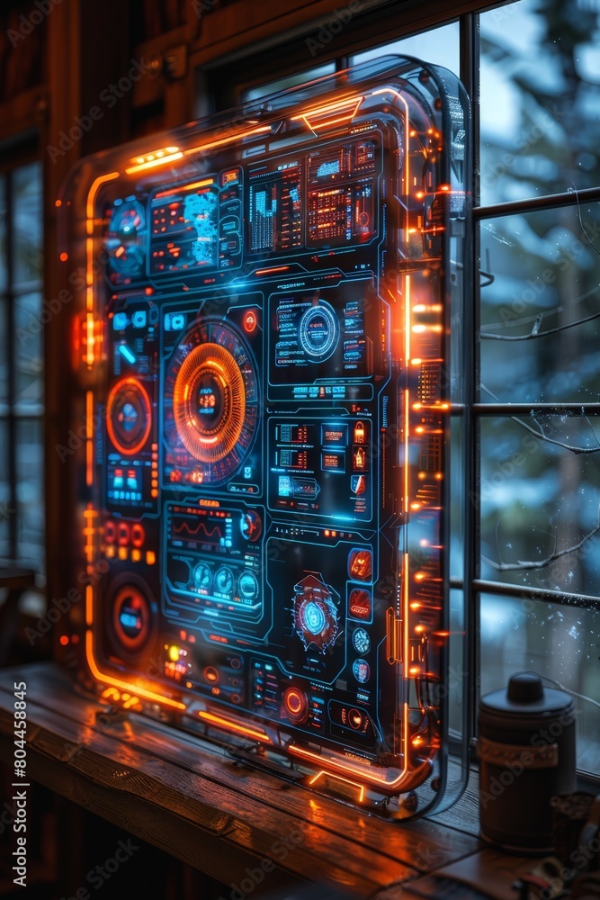 Poster glowing smart home display in building window