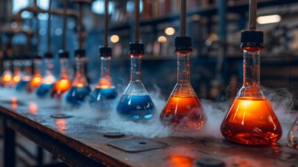 Chemical reactions taking place in a laboratory setting, with colorful liquids bubbling and fizzing in glassware.