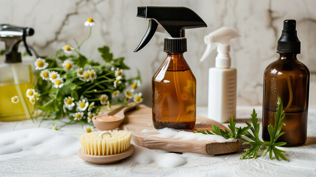 Close up of eco-friendly cleaning product bottles on table