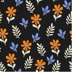 Wildflower seamless botanical pattern with bright plants and flowers on a black background. Seamless pattern with colorful leaves and plants. Leaves in bright colors.