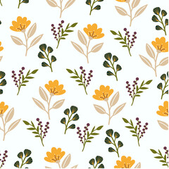 Wildflower seamless botanical pattern with bright plants and flowers on a white background. Seamless botanical pattern with plants. Beautiful print with hand drawn floral plants.