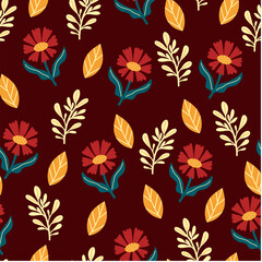 Wildflower seamless botanical pattern with bright plants and flowers on a brown background. Beautiful print with hand drawn floral plants. Printing and textiles. 