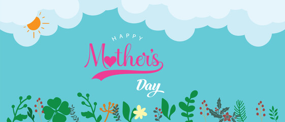  Happy Mother's Day wishes with heart. Mother's day banner design with beautiful Carnation flowers. Mother's day postcard with paper flying elements on  sky background. 