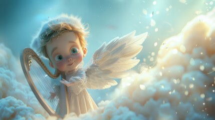Fototapeta premium Cute 3D cartoon character angel with wings with harp