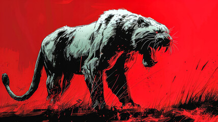 Sabertooth Tiger Illustration.  Generated Image.  A digital illustration of a sabertooth tiger, full body on four legs, elegant gaurdian pose, simplistic vector art with pencil lines.